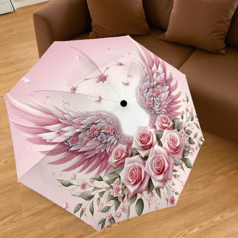 1pc Wings Flowers Automatic Open/Close Umbrella Compact Folding Umbrella with 8-Rib Shaft for Women/Men, Portable Travel Umbrella,1237S