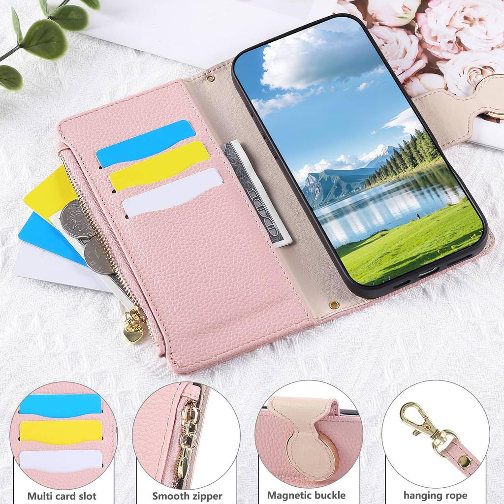 For Google Pixel 9 Pro XL 8 7 6 Pro 9A 8A 7A 6A Wallet Case Crossbody Strap Card Holder Magnetic Snap Clasp Zipper Pocket Cover
