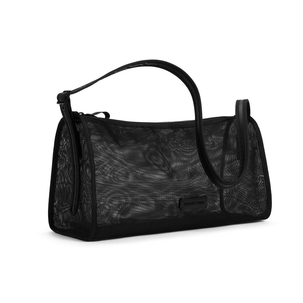 Charles & Keith Mesh Casual Fabric Shoulder Crossbody Tote Bag Large Women bags Frosted-White Jet-Black CK2-20151489