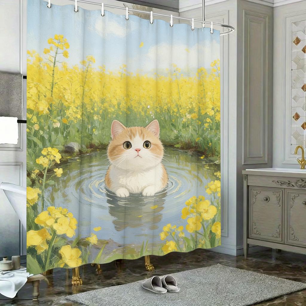 Oil Painting Black And White Cat In Pond With Water Lilies & Fireflies Waterproof Shower Curtain For Bathroom Decor