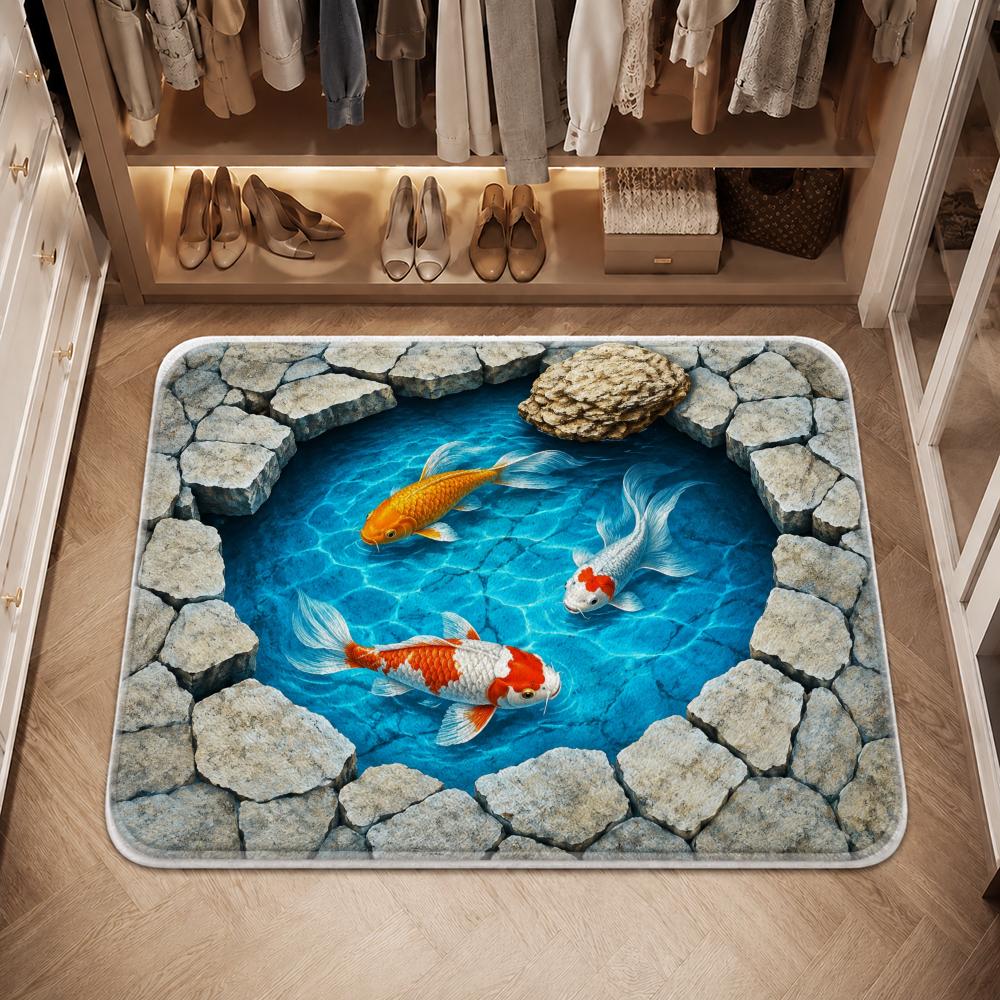 Mystic Koi Pond Floor Mat Flannel Rug Non Slip Absorbent Soft Washable for Entryway Hallway Bathroom Kitchen Decor