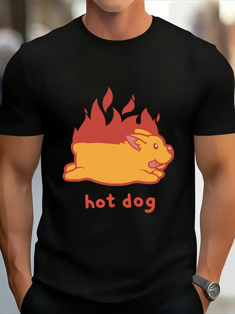 Funny Flame Hot Dog Cartoon Letter Print Unisexs Crew Neck Short Sleeve Casual Basic Summer Daily Soft Comfort Fit Wear Tee Shirt