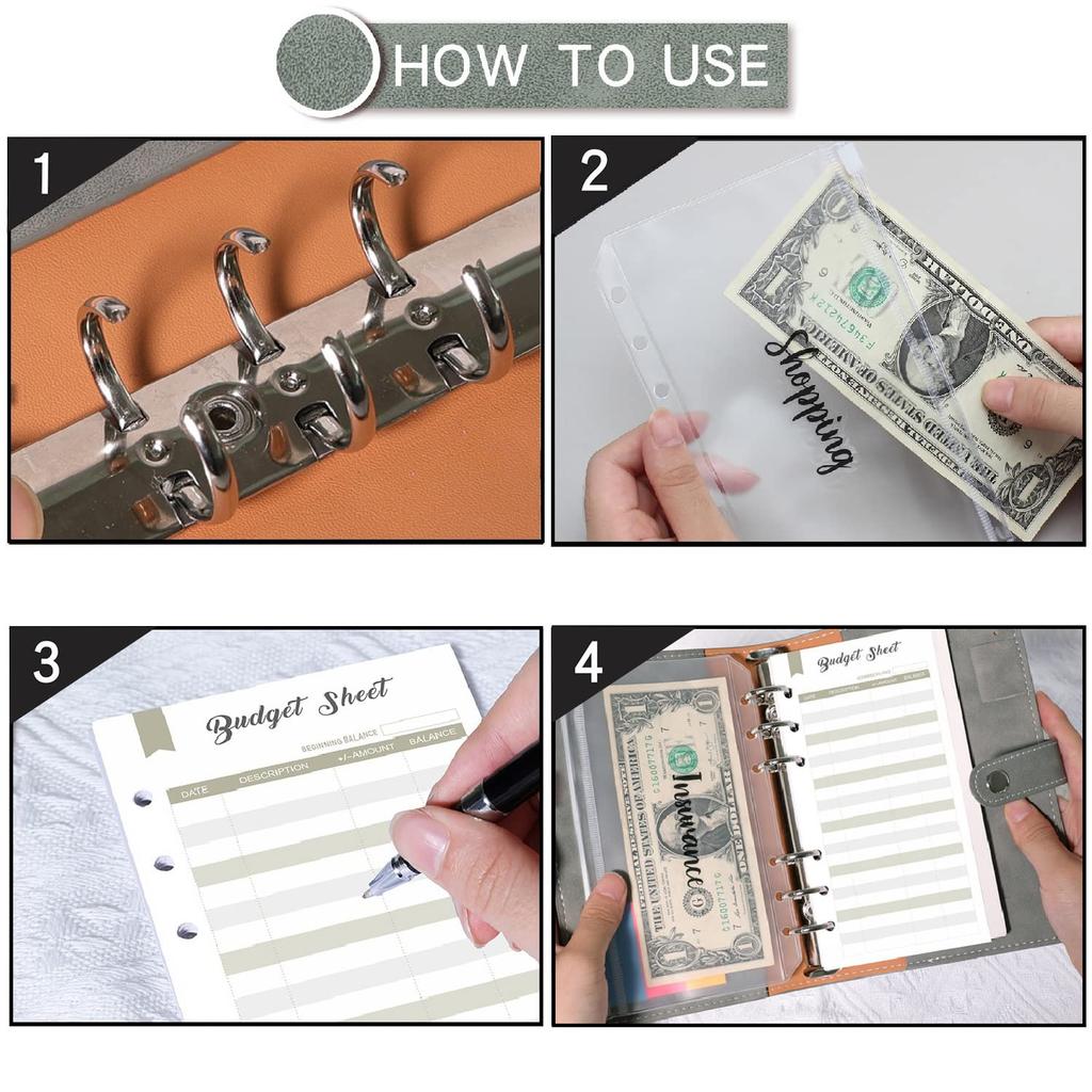 A6 Ring Binder Budget Planner 6 Holes Loose Leaf Notebook with Binder Pockets Money Envelopes Budget Sheets Label Stickers Notebook Ring Binder