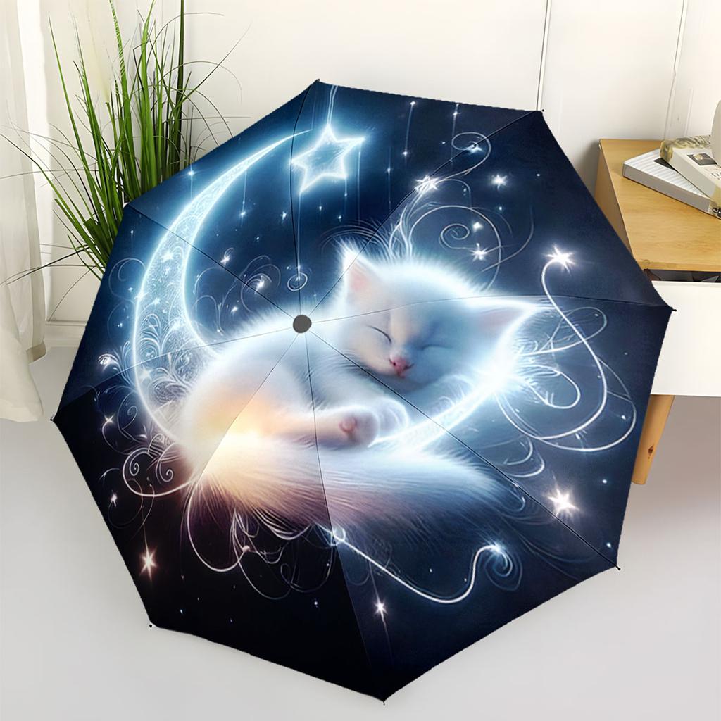 Automatic Open/Close Umbrella with Sleeping Cat & Crescent Moon Design - Compact Travel Umbrella, Elegant Night Sky Pattern, P