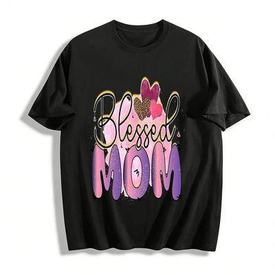 Blessed Mom Graphic Tee Heart Print Casual Short Sleeve T-Shirt Pure Cotton T-shirt