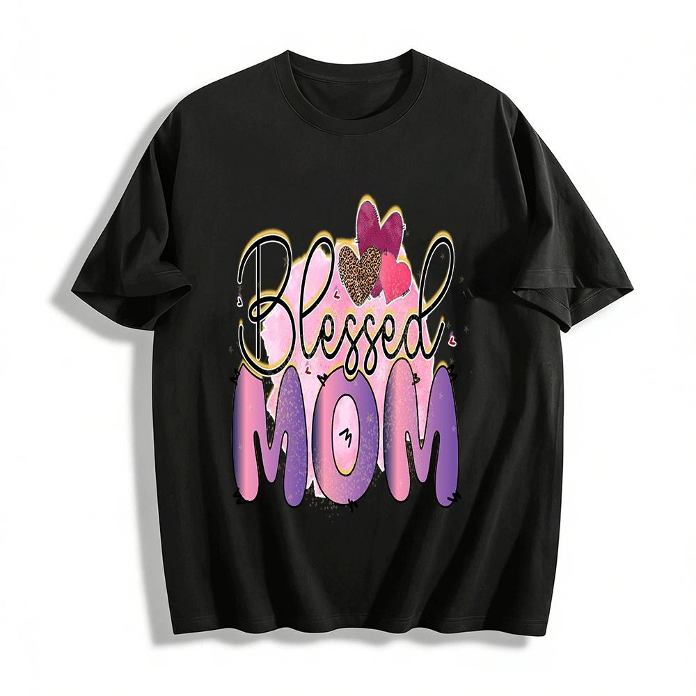 Blessed Mom Graphic Tee Heart Print Casual Short Sleeve T-Shirt Pure cotton T-shirt XXS