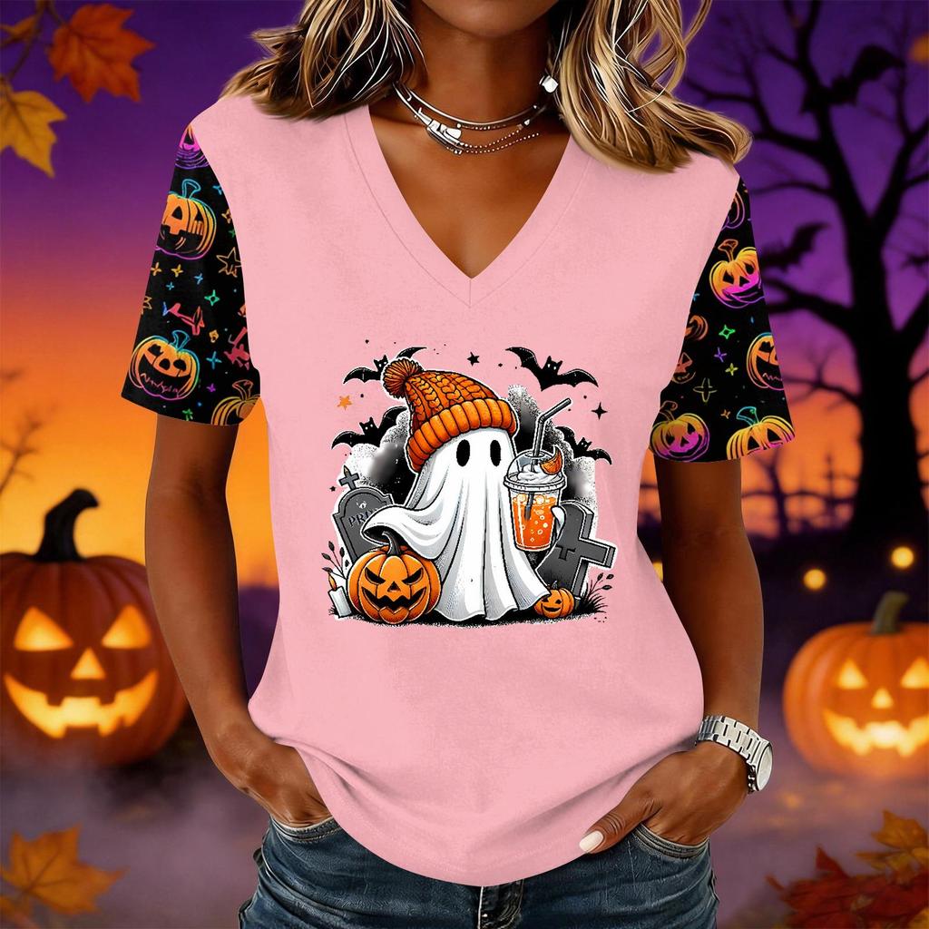 Women's Halloween Print V-Neck Short Sleeve Pullover Top for Casual Wear