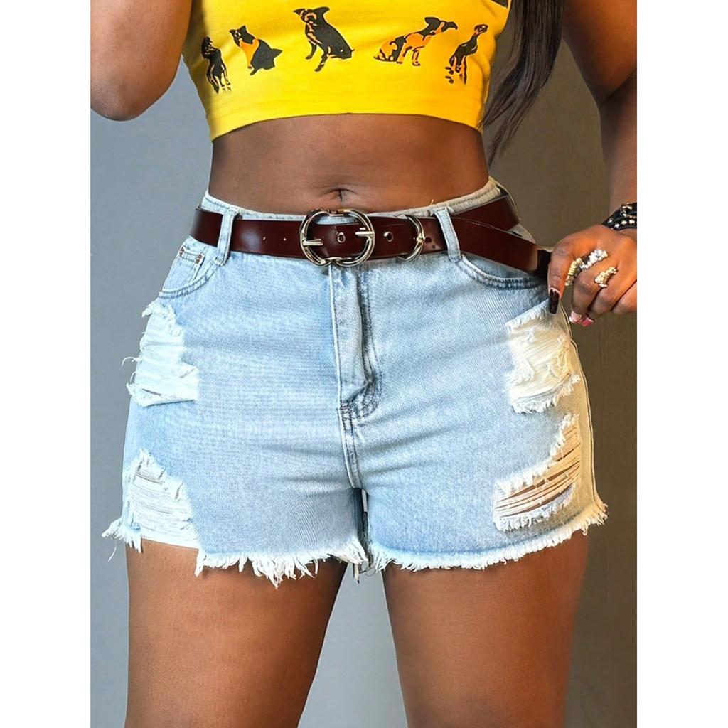 Damen Color Jeans Stretch Slim Fit Used Fransen Denim Shorts