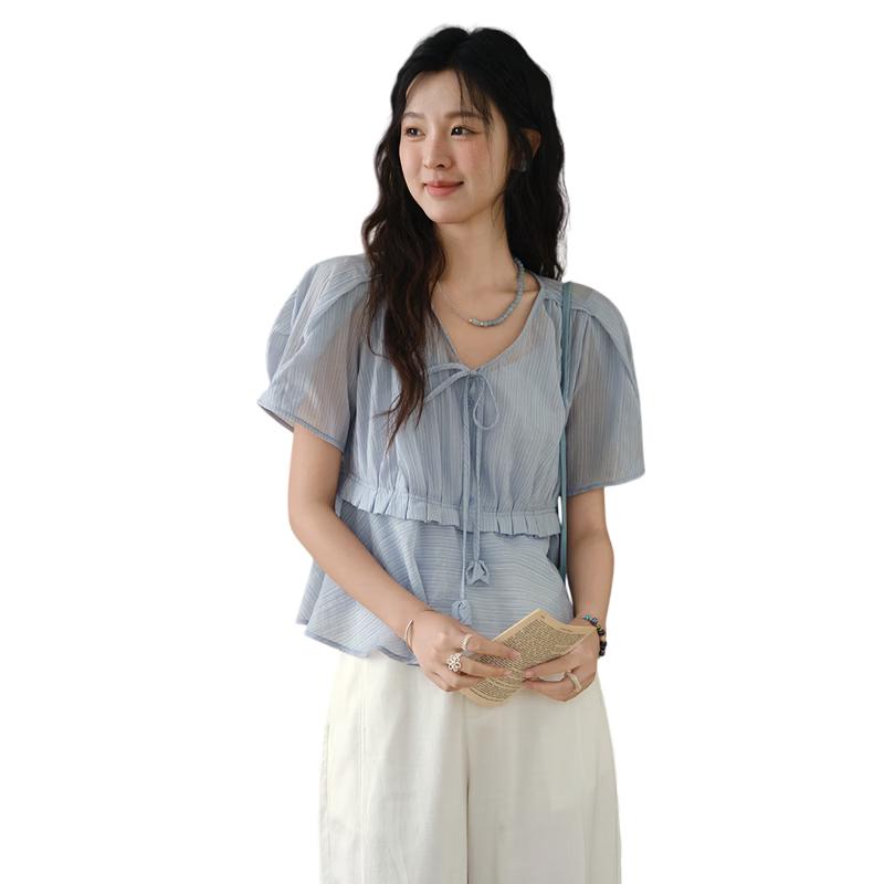 M Xiu Women s Blue & White Striped Lyocell Blouse S