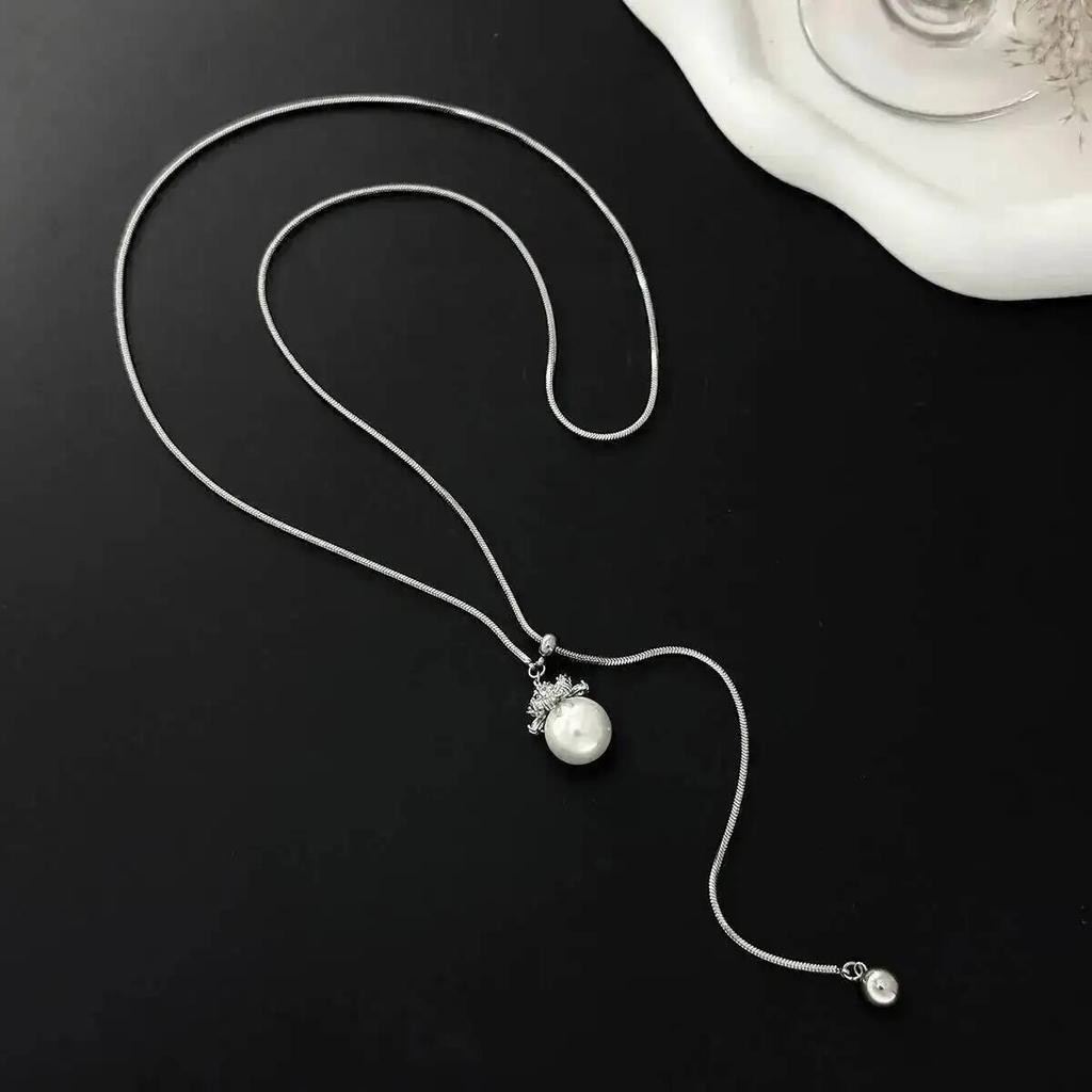 SHIXIN Stainless Steel Imitation Pearls Pendant Long Necklace Women Exquisite Snake Bone Adjustable Sweater Chain Party Jewelry
