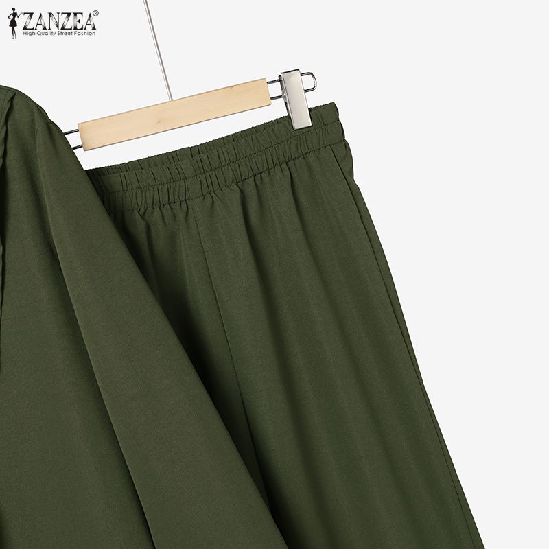 ZANZEA Women Slit Hem Long Blouse with Long Pants Elegant Casual Long Sleeve Two Piece Suit Sets