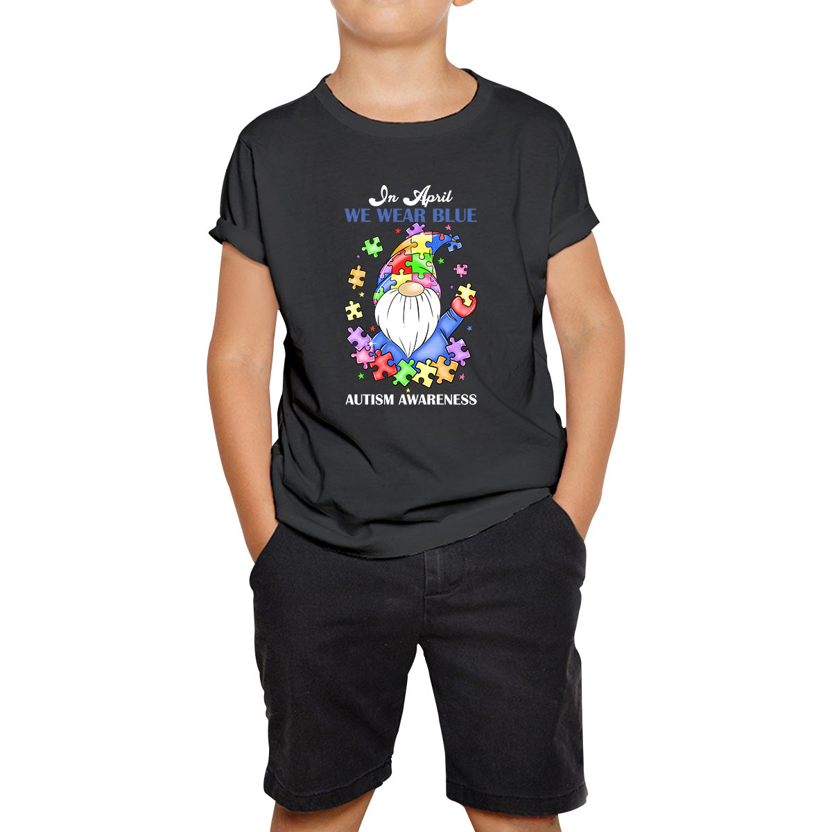 In April We Wear Blue Autism Gnome Autism Awareness Gnomes Autism Month Autism Support Kids T Shirt 100