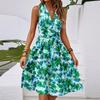 Women's Spring And Summer Casual V-Neck Sleeveless Waist Floral Print Midi Dress