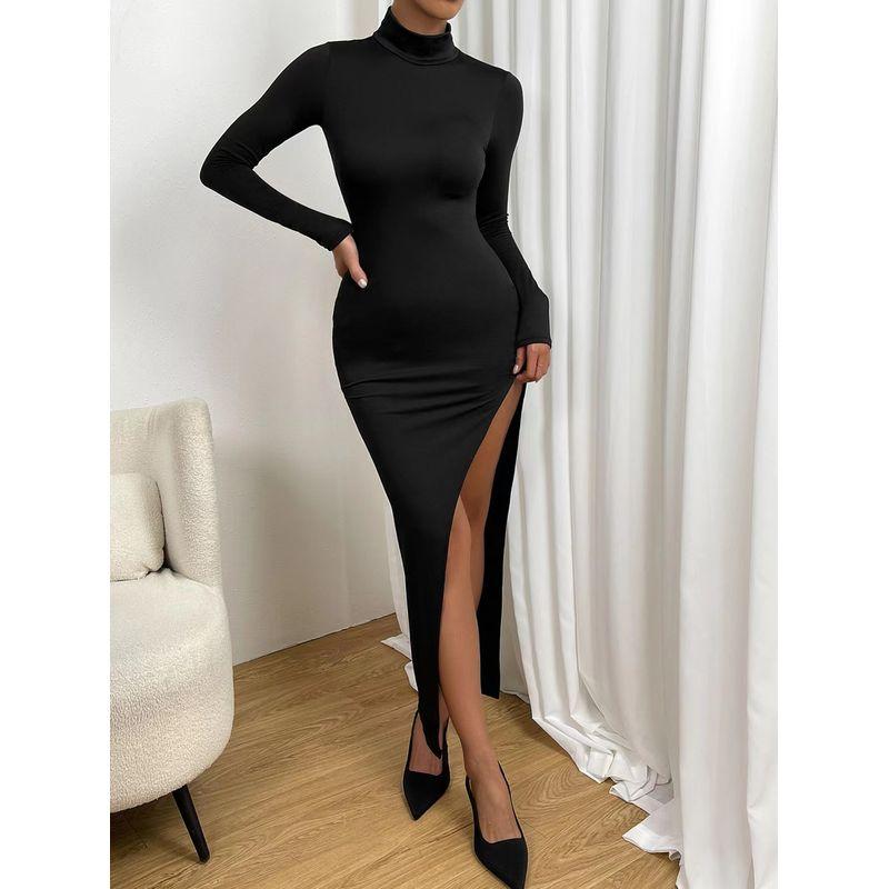 

European and American Sexy Split Long Sleeve and Ground Dress round Neck Autumn Winter Women s Wear Long Dress Sexy Split Dress Black L