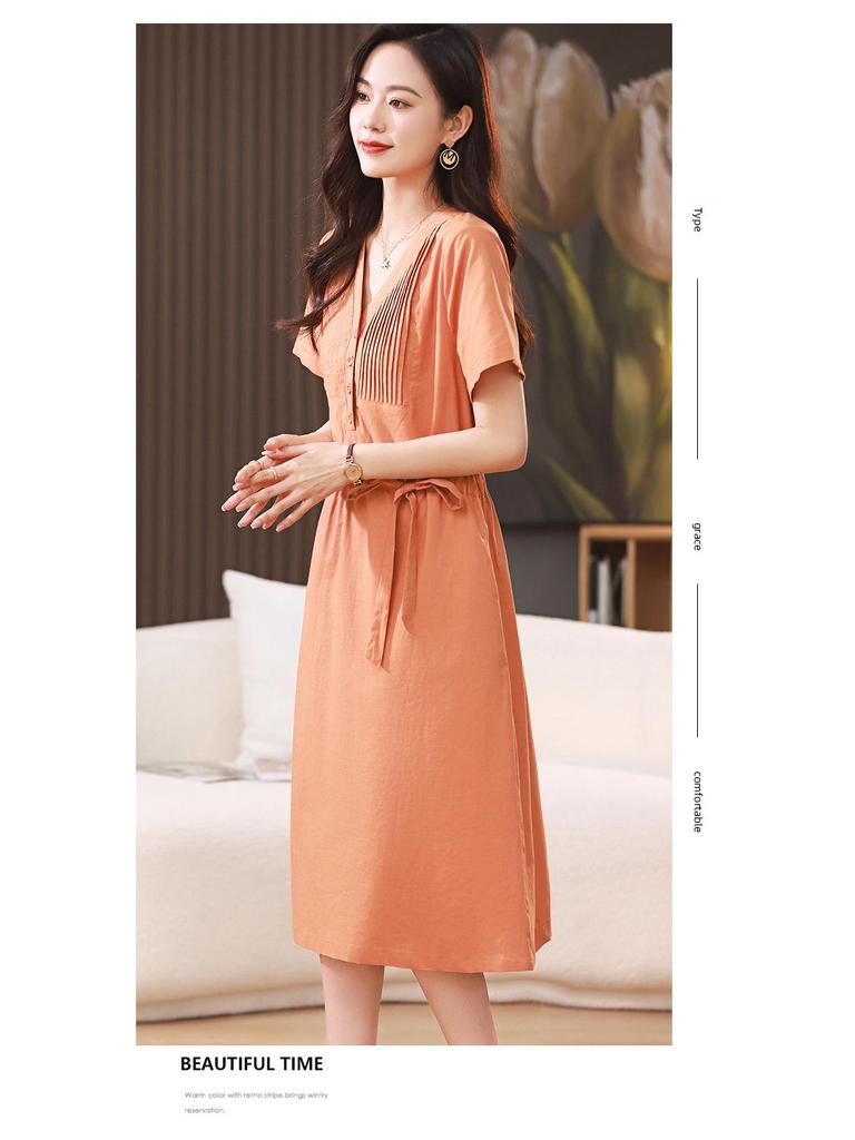 2025 Summer Mid-length V-neck Slimming Cotton Linen Dress for Middle-aged Women