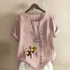 Women's New Fashion Linen Shirt Round Neck Short Sleeve Hazelnut Printed T-shirt Summer Ladies Casual Plus Size Blouse Tops