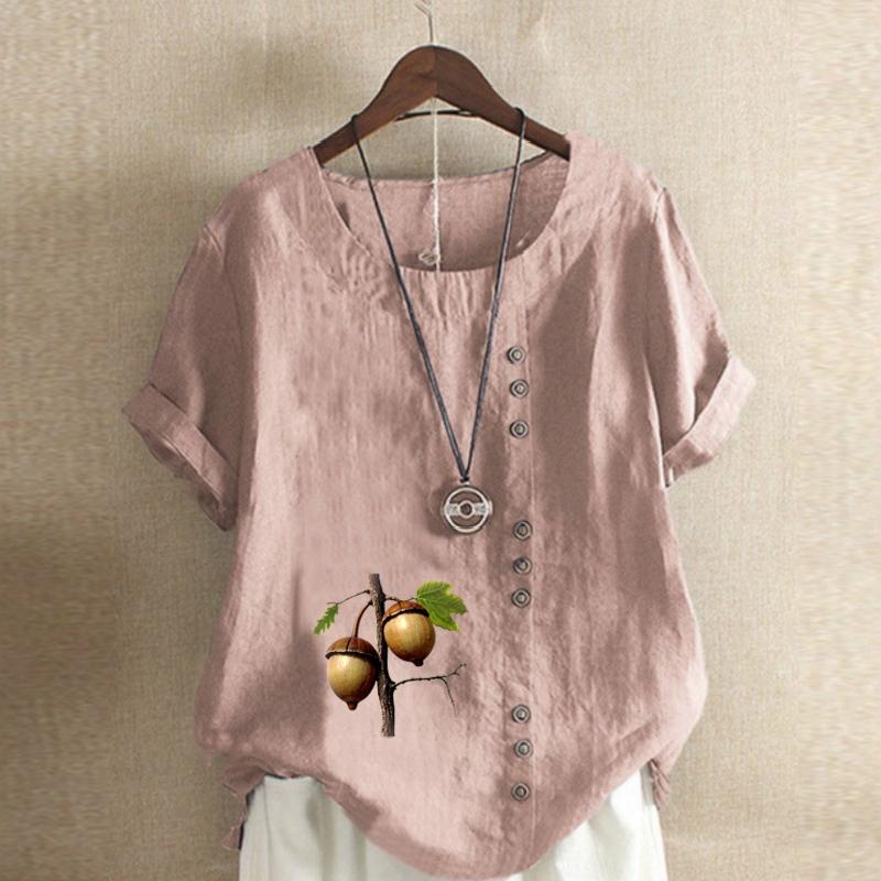 Women's New Fashion Linen Shirt Round Neck Short Sleeve Hazelnut Printed T-shirt Summer Ladies Casual Plus Size Blouse Tops