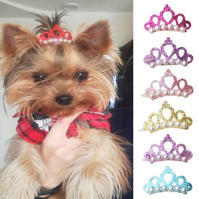 2Pcs Pet Hair Clips Faux Pearl Crown Shape Head Decoration Polyester Pretty