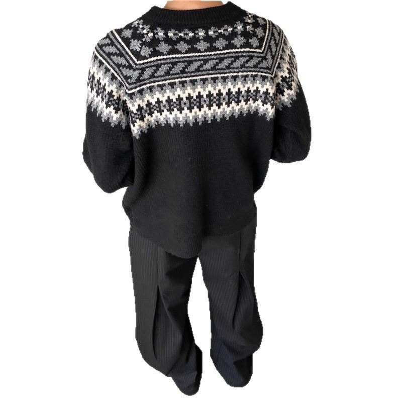 Unisex Retro Fair Isle Knit Cardigan Sweater – Loose Fit Casual Outerwear