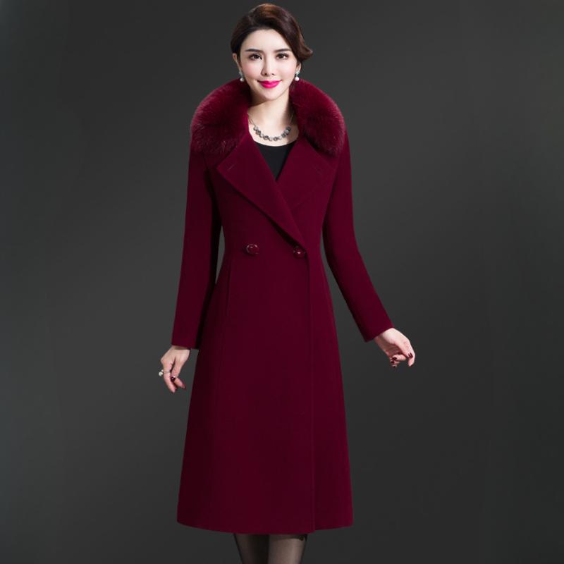 Damen Wollmantel Mittellang Slim-fit Überknie Zweireihig Wollkragen Wollmantel Einseitig Plüsch