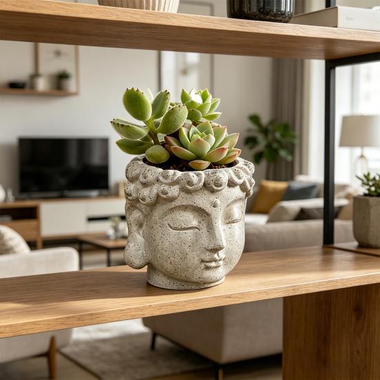 Buddha Head Flower Pot Buddha Head Sculpture Decoration Meditation Buddha Statue Planter for Home Desk Corner