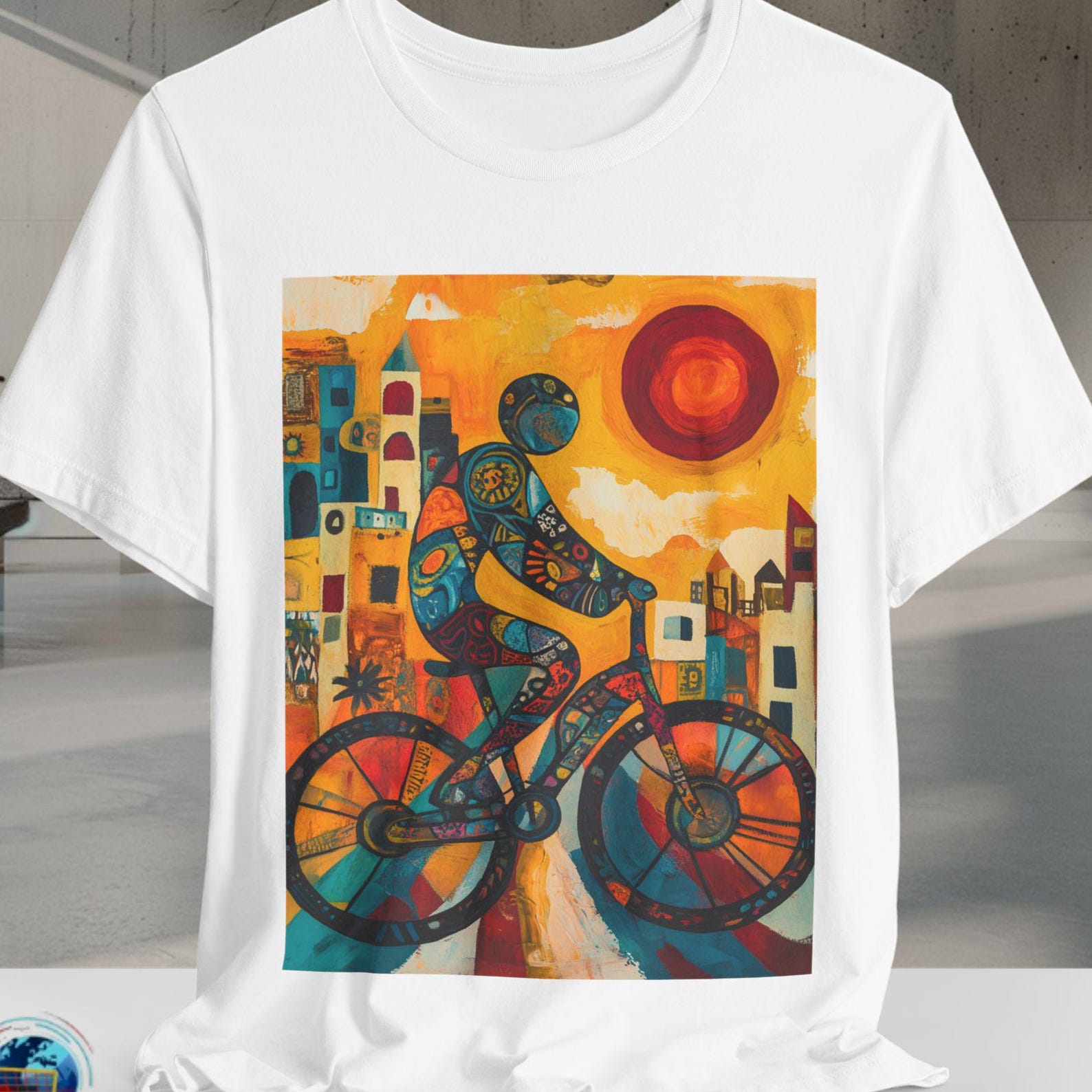 Abstract Mosaic Bicycle Art Shirt | Colorful Cityscape Bike Tee | Urban Cycling Art TShirt | Vibrant Bike Art Apparel XL