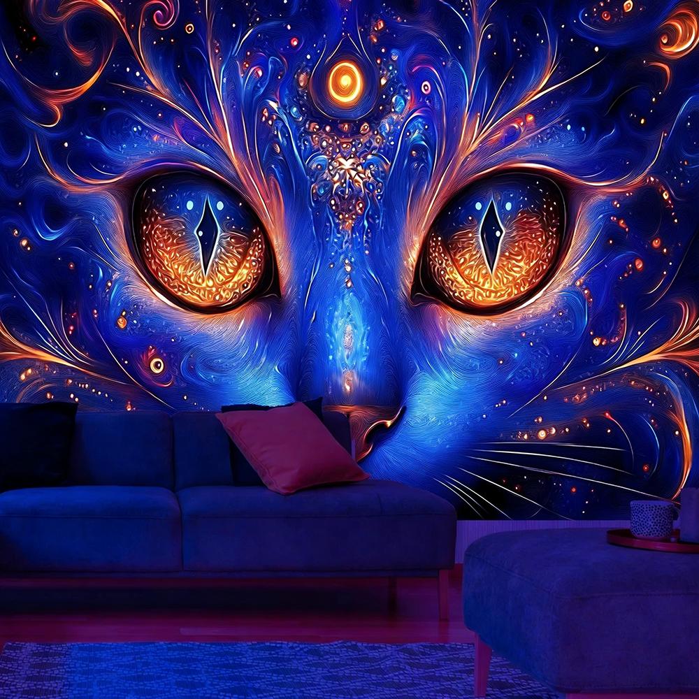 Glowing Cat Tapestry Vivid Night Art Uv Reaction Tapestry Background Decoration Wall Hanging Bedroom Party Decoration