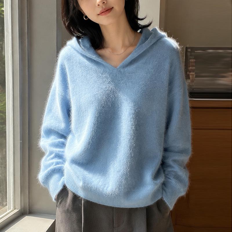 Women's Solid Color Hooded Cashmere Wool Knit Sweater - Long Sleeve Base Layer for Autumn & Winter