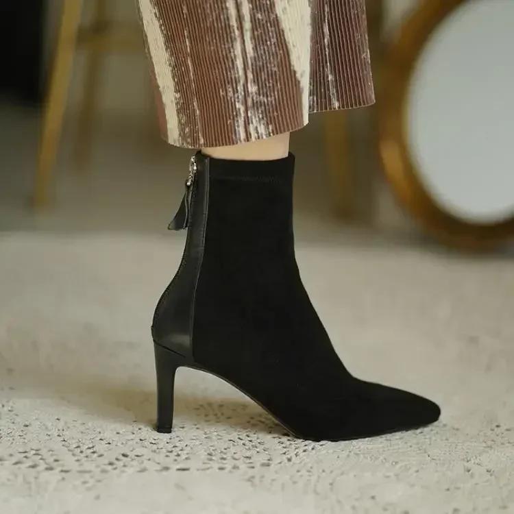 

Женские осенние замшевые ботильоны с острым носком на высоком каблуке, женские стриптизеры, зимние короткие ботильоны на прозрачном каблуке, абрикосовые черные туфли для выпускного вечера 34 чёрный