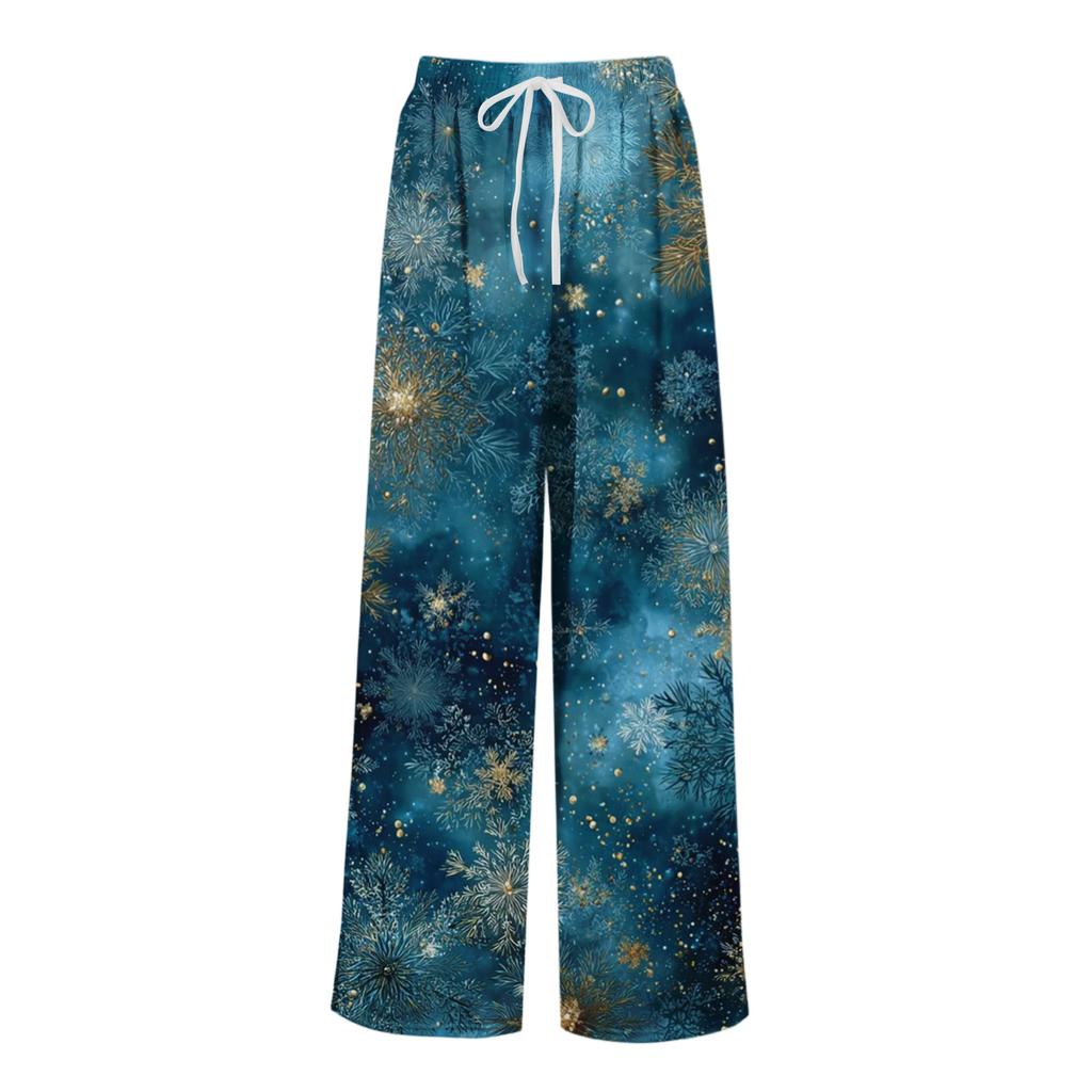 Ladies' Loose And Casual Christmas Printed Wide Leg Pants With Elastic Waistband Drawstring And Pocket Pants