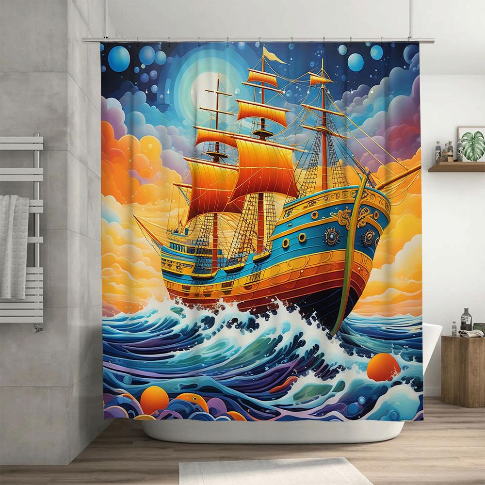 Exotic Ocean Adventure Shower Curtain Multicolored Sailboat Print For Bathroom Decor Fabric Durable Waterproof Home Decoration I