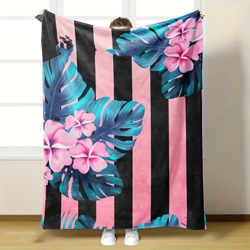 1Pc Tropical Floral Blanket - Ultra-Soft Flannel Throw With Pink, Dark Green Leaves, All-Season Lightweight Warmth For Couch