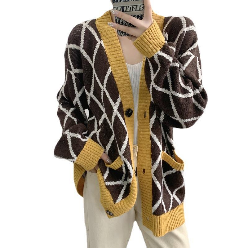 Real shot elegant temperament loose Korean version retro grid knitted cardigan small fresh age-reducing sweater jacket women's top