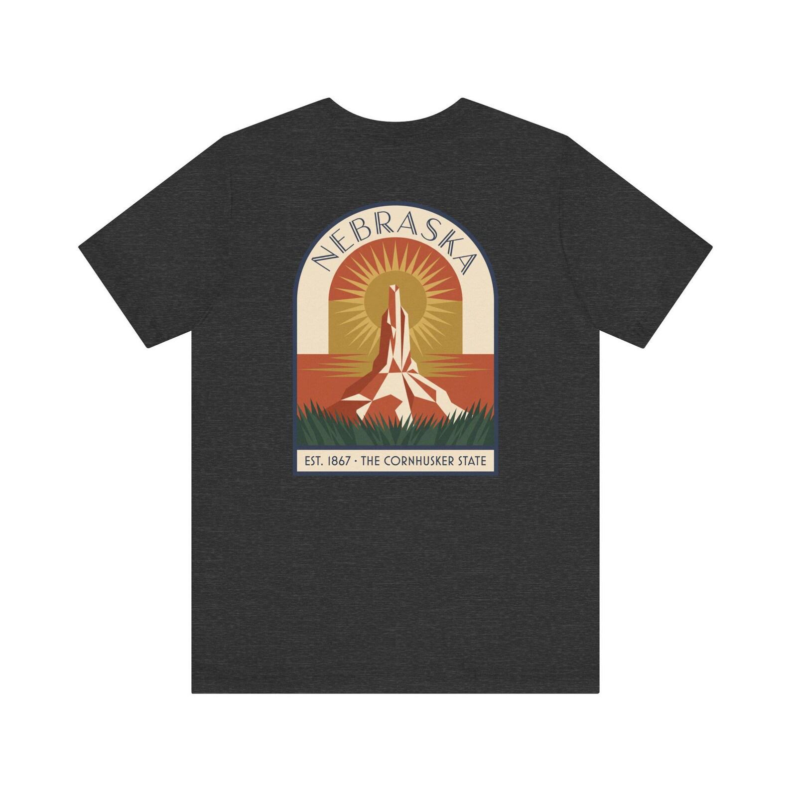 Nebraska Cornhusker Art Deco T-Shirt | Retro Great Plains Sunset Graphic Tee | Nebraska Pride Gift 2XL