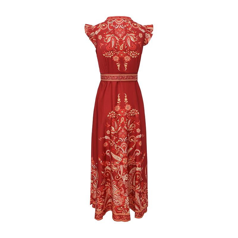 2026 Spring/Summer New Arrival Retro Ethnic-Style Cap Sleeves Printed Long Maxi Dress for Women with Belt