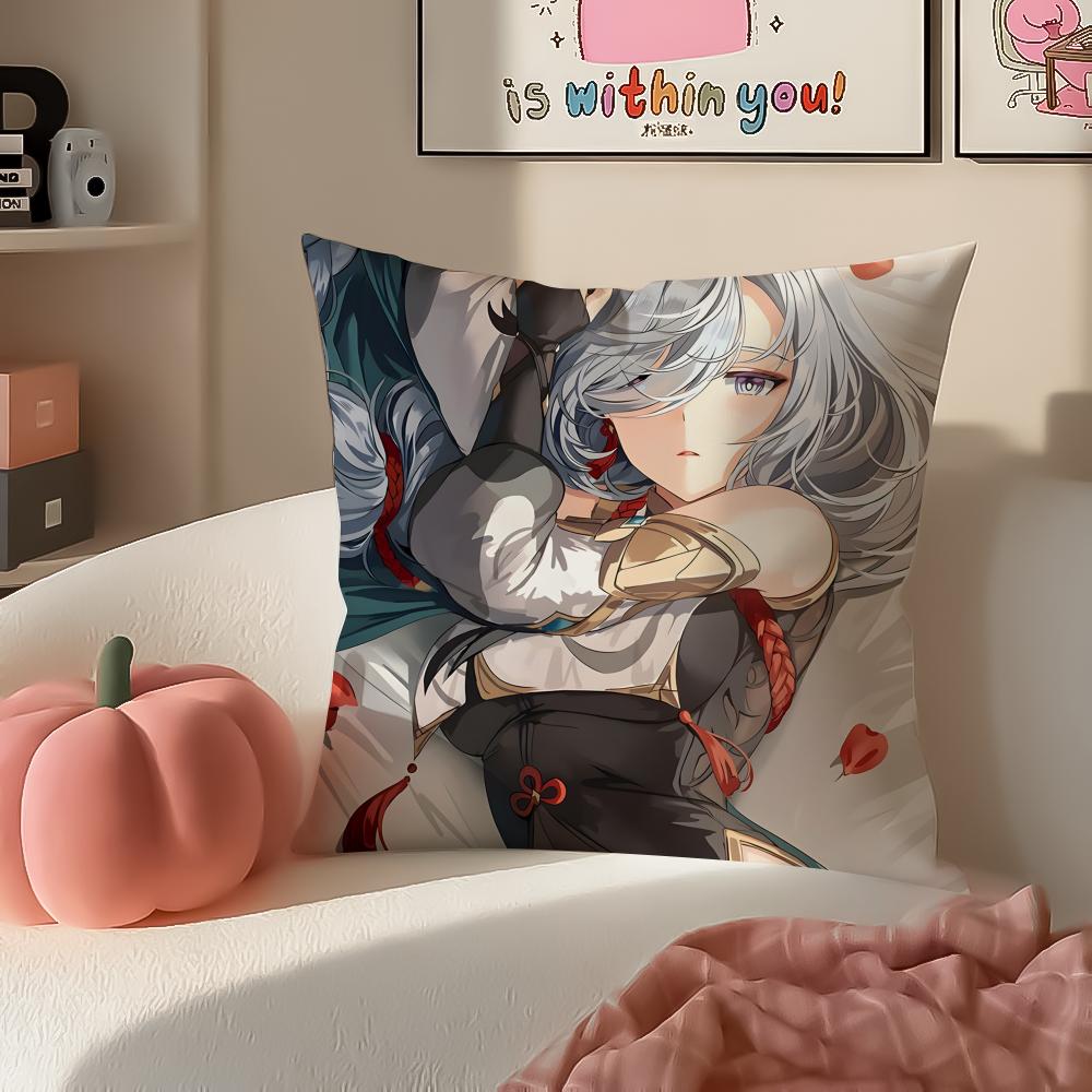Game Genshin ShenHe Cushion Cover Pillowcase Short Plush Invisible zipper Room Sofa Cushion Cover