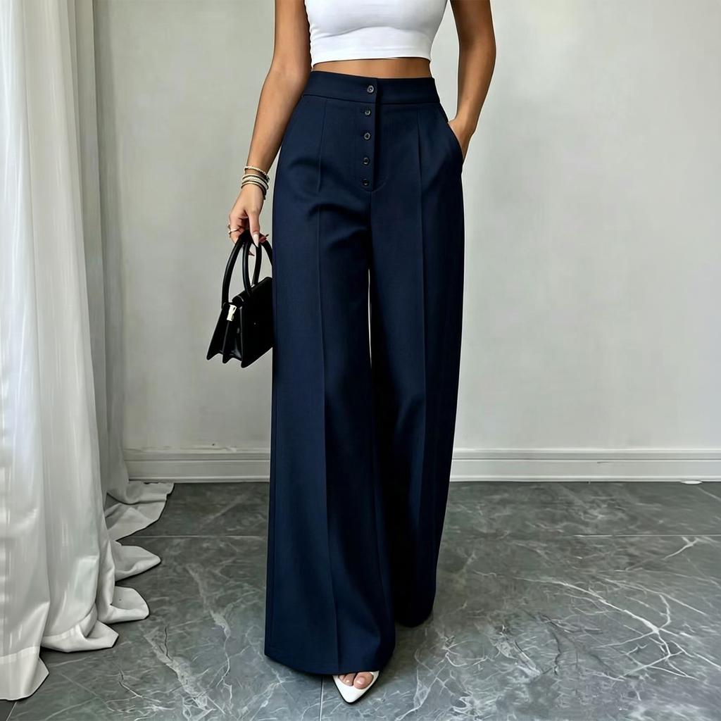 Women's High Wide Leg Pants with Button Pockets Color Casual Trousers for Commute