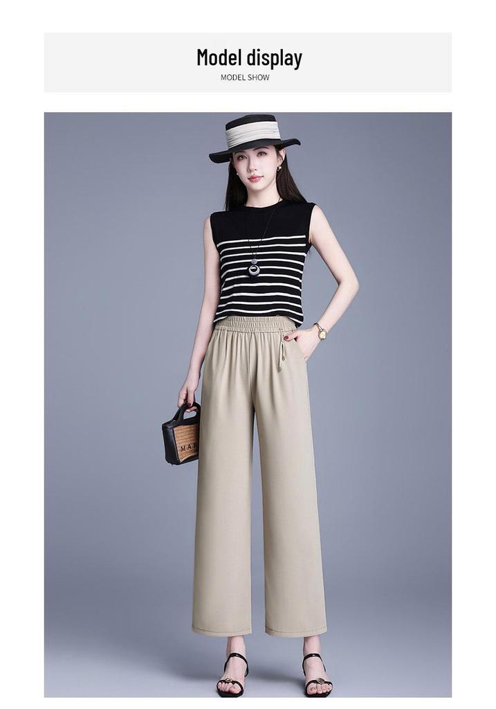 Elastic Waist Wide-Leg Pants for Middle-Aged Women, 9-Point Length, Spring & Autumn