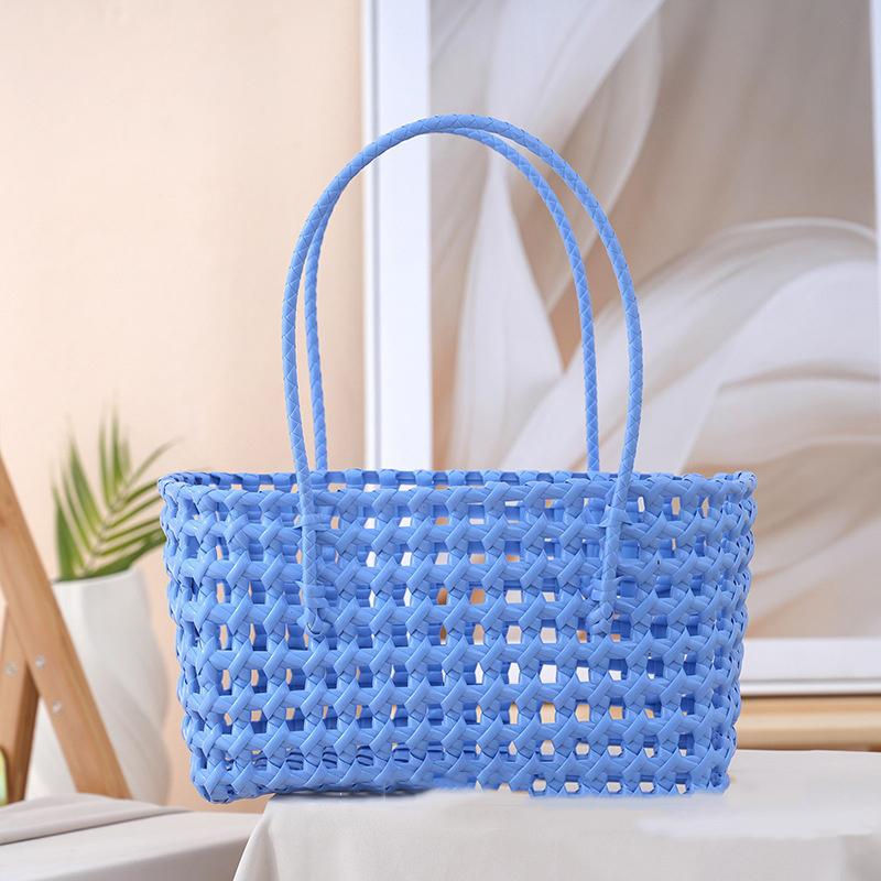 Handgefertigte Plastik-Hohlgeflecht-Tasche Landhausstil Große Kapazität Strand-Tragetasche Eimer-Tasche Damen-Handtasche Sommer-Strandtasche
