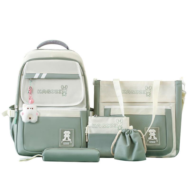 

Canvas Student Backpack Five Piece Set With Rabbit Letter Pattern For High School And Day Trips зелёный