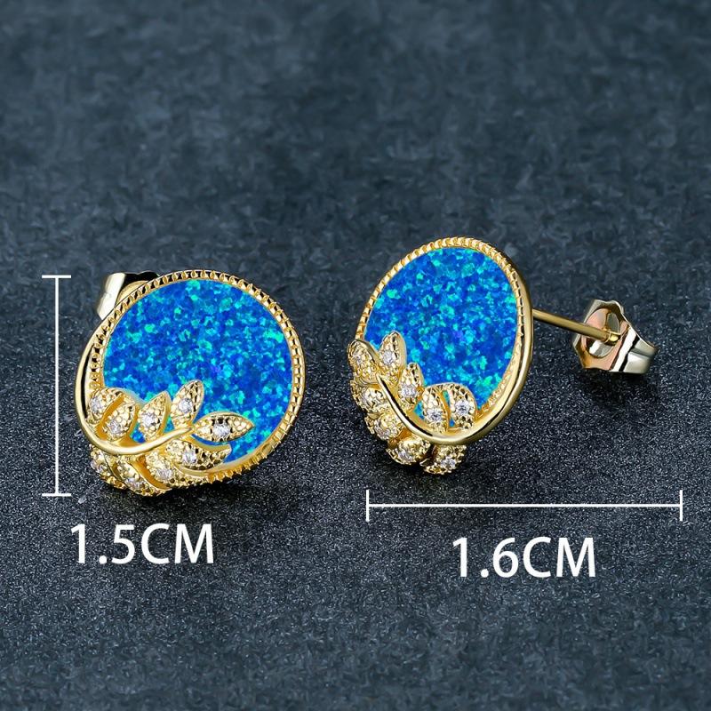 Gold round blue leaf stud earrings femininity simple micro zircon premium jewelry