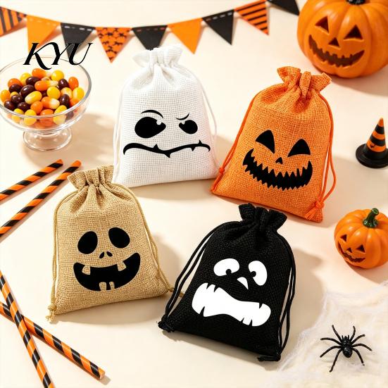 Cute Holiday Gift Sacks 2 Pcs Halloween Burlap Bags with Drawstring, Trick or Treat Ghost Face Pumpkin Prints Candy Pouch, Reusable Goodies