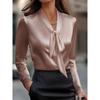 New Women's Satin Pullover Shirt Bow Tie Fashion Pink Top Office Elegant Long Sleeve White Blouses for Female
