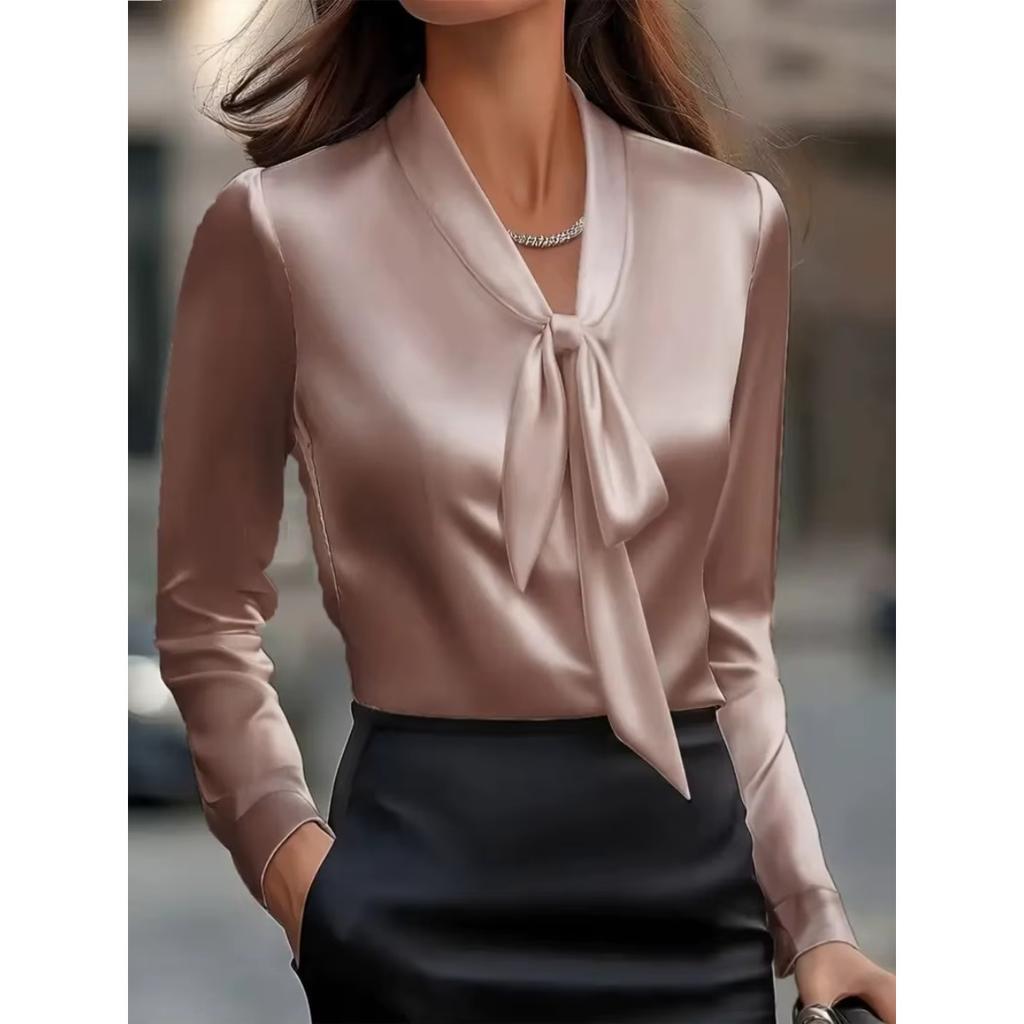 New Women's Satin Pullover Shirt Bow Tie Fashion Pink Top Office Elegant Long Sleeve White Blouses for Female