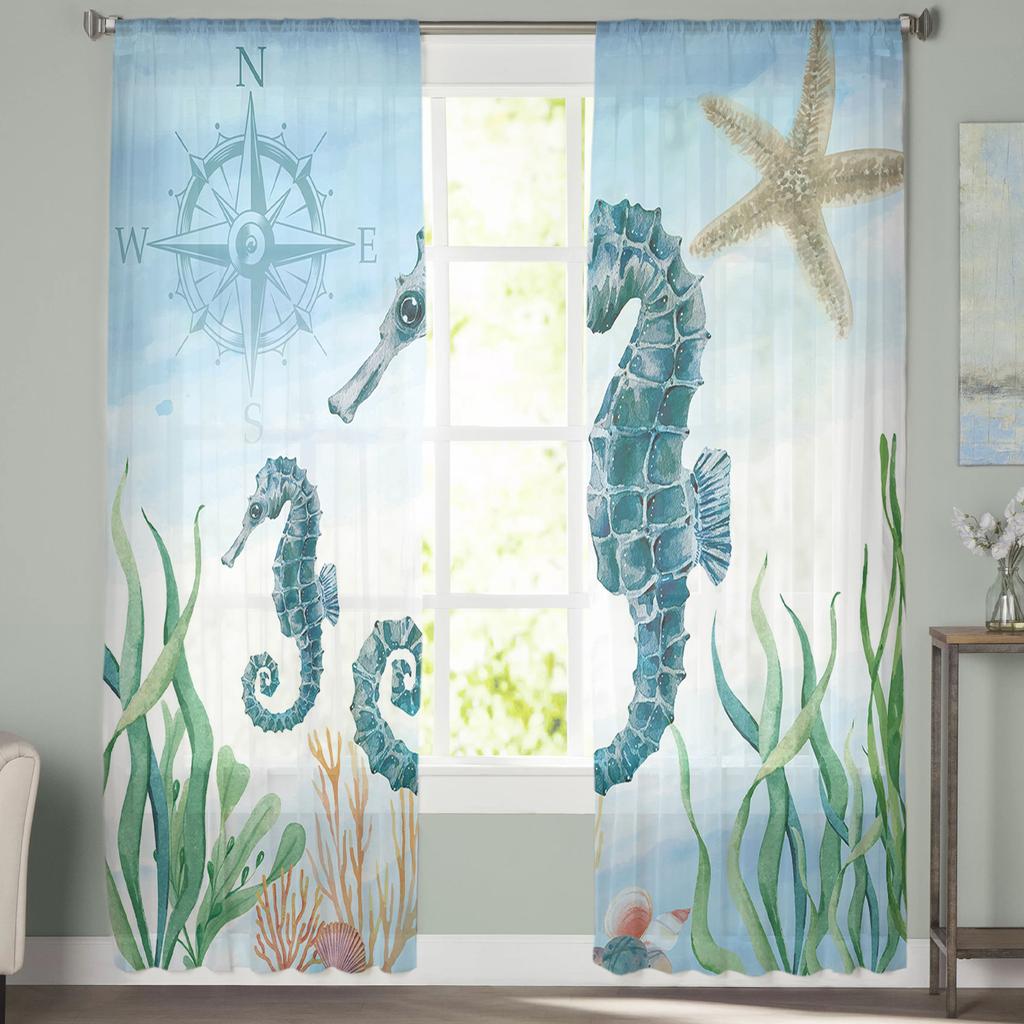 Marine Animal Hippocampus Seaweed Compass Tulle Curtain Voile Transparent for Bedroom Living Room Kitchen Sheer Window Curtains