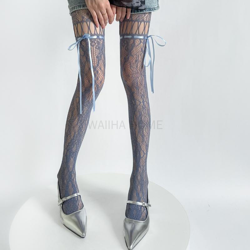 Hollow Lace Mesh Stockings with Bow Tie Pantyhose Lolita Retro Floral Vine White Black Purple Blue Grey Stockings for Women