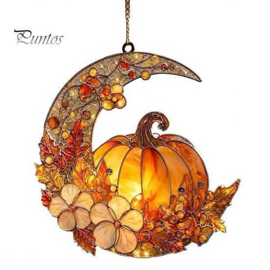 Chique Herfstachtige Sfeer Hangend Stuk Glas-in-lood Pompoen Maan Zonenvanger, Acryl Halve Maan Raamdecoratie met Halloween Thanksgiving Decoratief