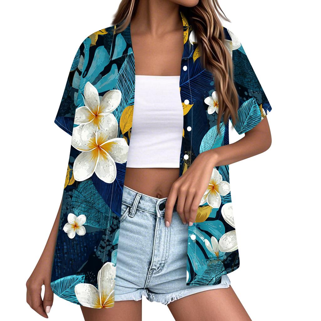 Women's fashionable casual Hawaiian print short-sleeved button-down collar shirt top