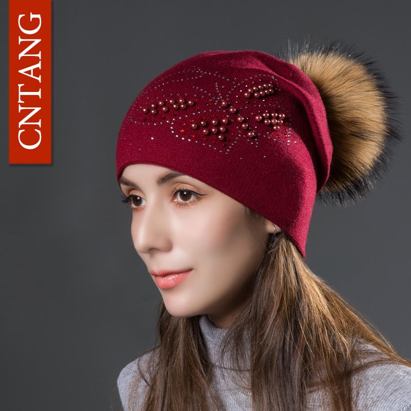 2026 Fashion Pearl Butterfly Women Hats Knitted Wool Beanies Autumn Winter Warm Caps with Natural Fur Pom Pom Ladies Hat