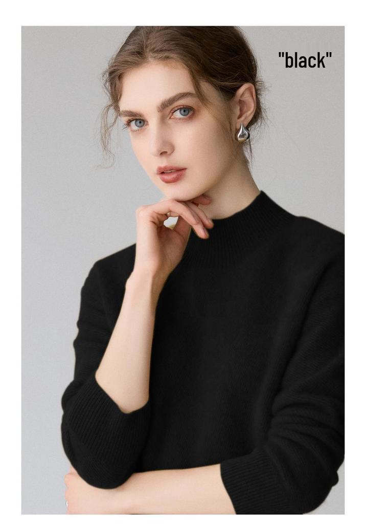 Women's Heavyweight Cashmere High-Neck Sweater, Casual Long Sleeve Solid Knitwear